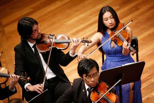 Tres miembros de la Orquesta Filarmónica Juvenil de Bogotá tocando el violín.