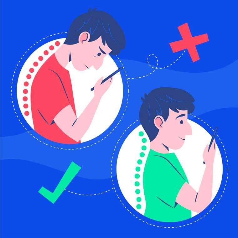 Dibujo sobre la postura correcta e incorrecta para el uso del celular.