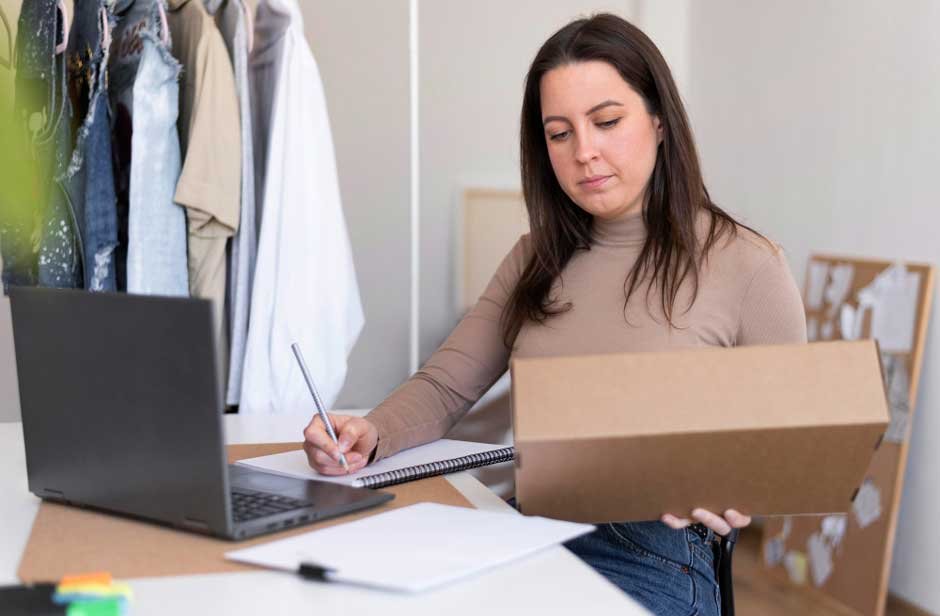 Una mujer emprendedora escribe en su computador las ventas de su negocio de ropa. El marketing digital es muy útil para los emprendedores.