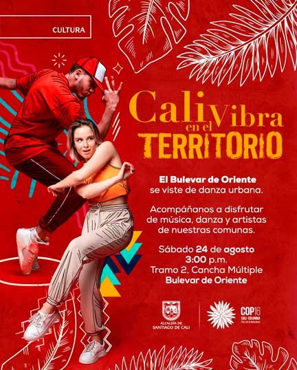 Póster del evento Cali vibra con el territorio con imagen de un hombre y una mujer bailarines de danza urbana, evento que se realizará en Cali.