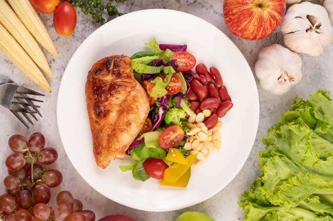 Imagen de un plato con comida saludable: pechuga de pollo, ensalada y pocos carbohidratos.