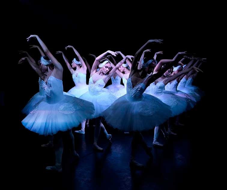 Bailarinas de ballet bailando El Lago de los cisnes en el teatro,