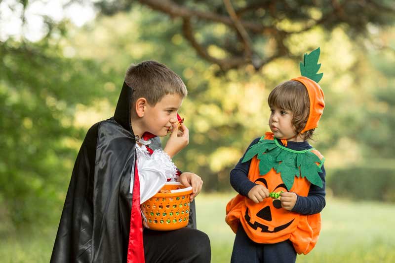 Dos niños disfrazados, uno de vampiro y otro de calabaza, miran los dulces que les entregaron en Halloween.